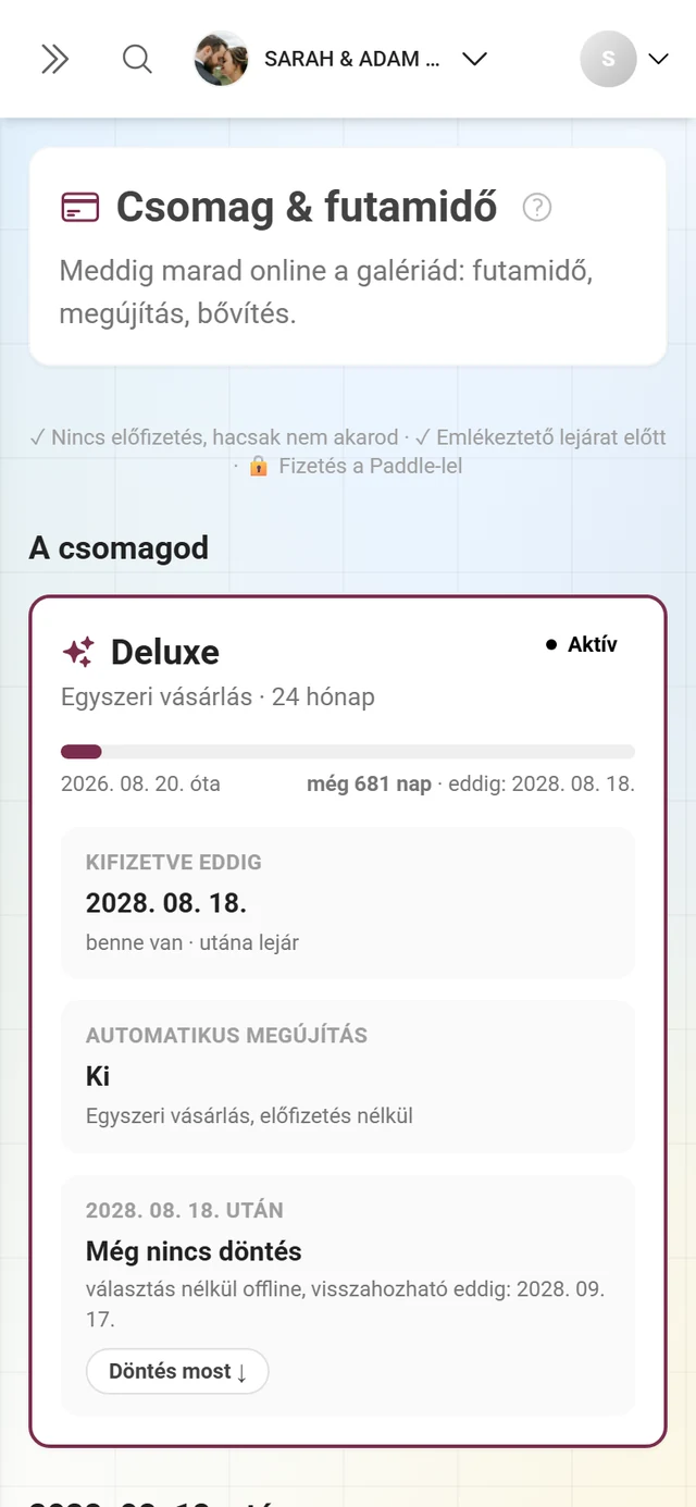 Csomag & futamidő oldal A csomagod kártyával, a futamidősávval és a Kifizetve eddig, Automatikus megújítás és Dátum után csempékkel
