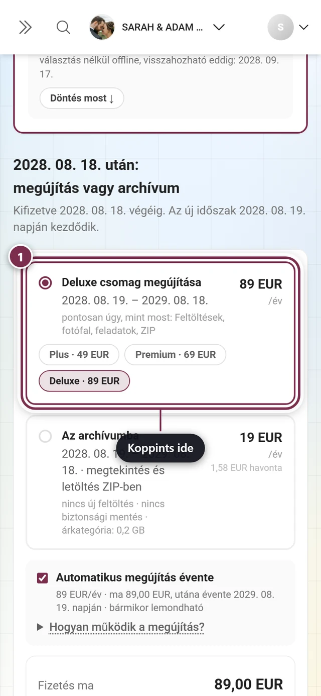 Dátum után: megújítás vagy archívum blokk kiválasztott Csomag megújítása csempével, összegzéssel és Tovább a fizetéshez gombbal