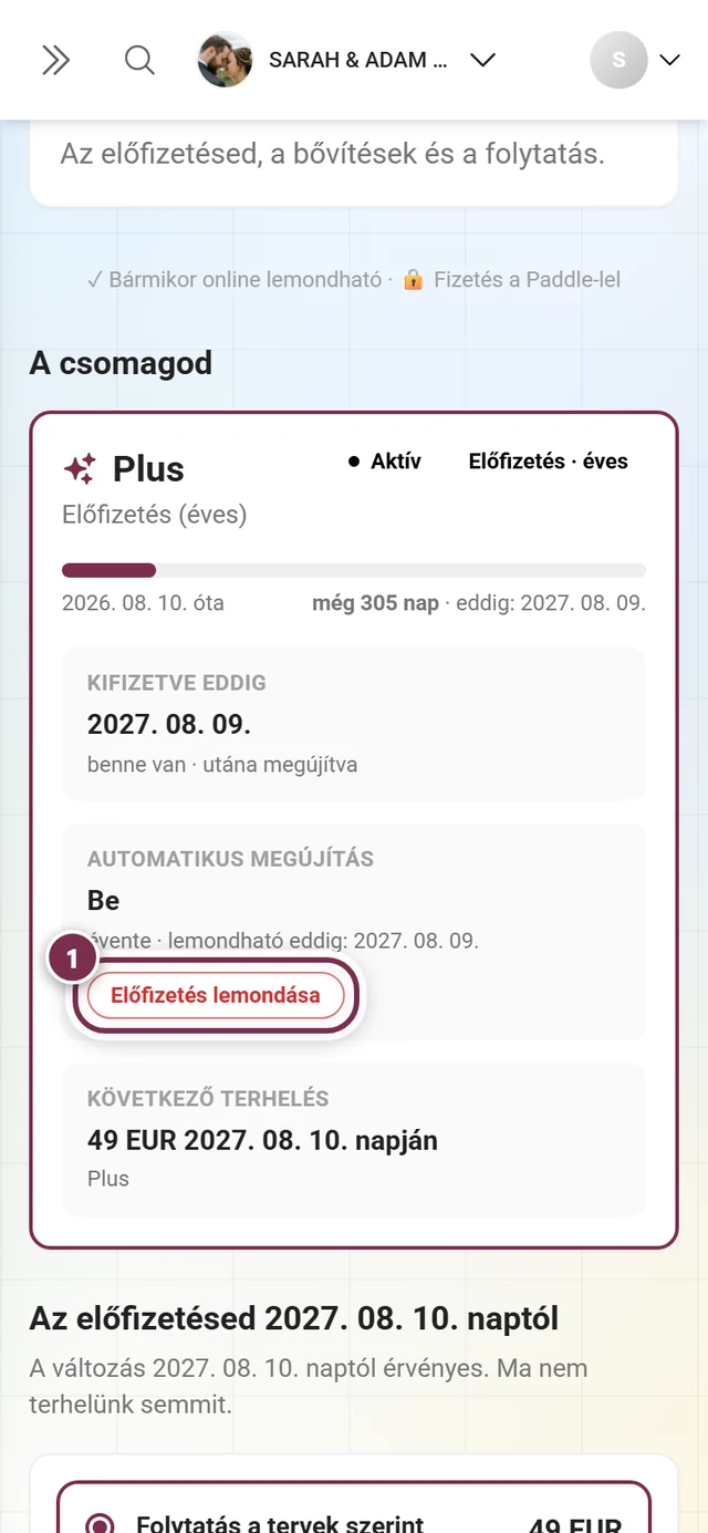 A csomagod kártya Aktív és Előfizetés · éves jelzéssel, Automatikus megújítás Be és Következő terhelés csempékkel, valamint Előfizetés lemondása gombbal