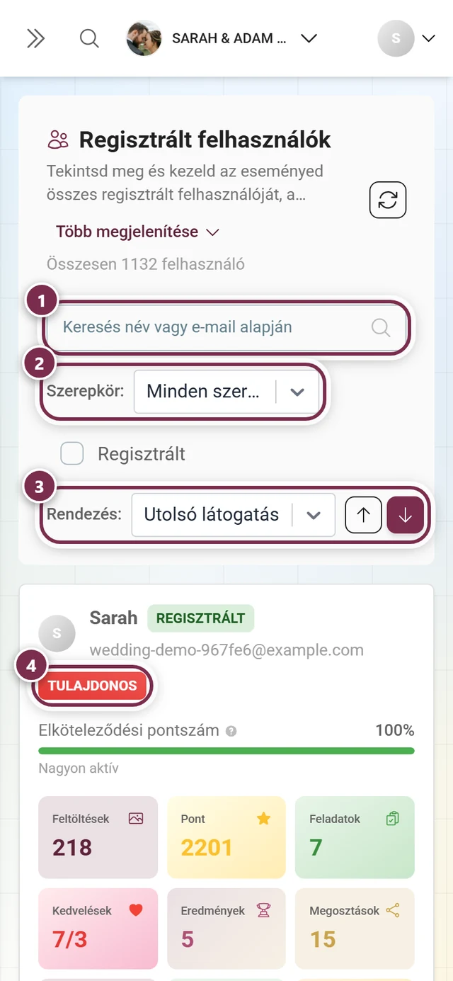 Regisztrált felhasználók listája a kiemelt keresőmezővel, szerepkör-szűrővel, rendezéssel és szerepkör-címkével