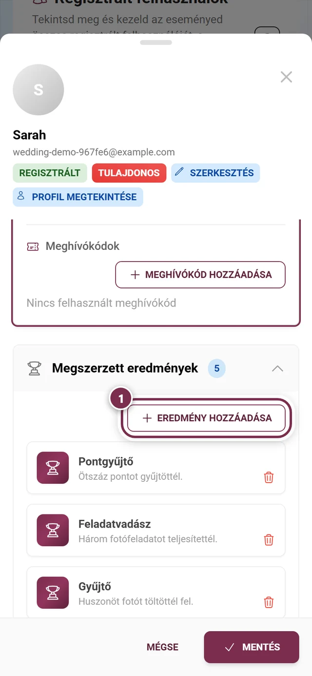 Eredmények szakasz a résztvevő párbeszédablakában, kiemelt Eredmény hozzáadása gombbal