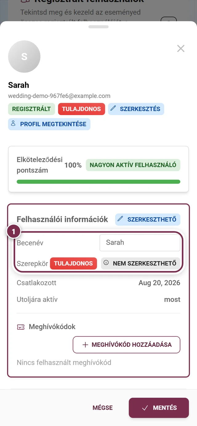 Egy résztvevő részletes párbeszédablaka szerkesztési módban, kiemelt szerepkör-sorral