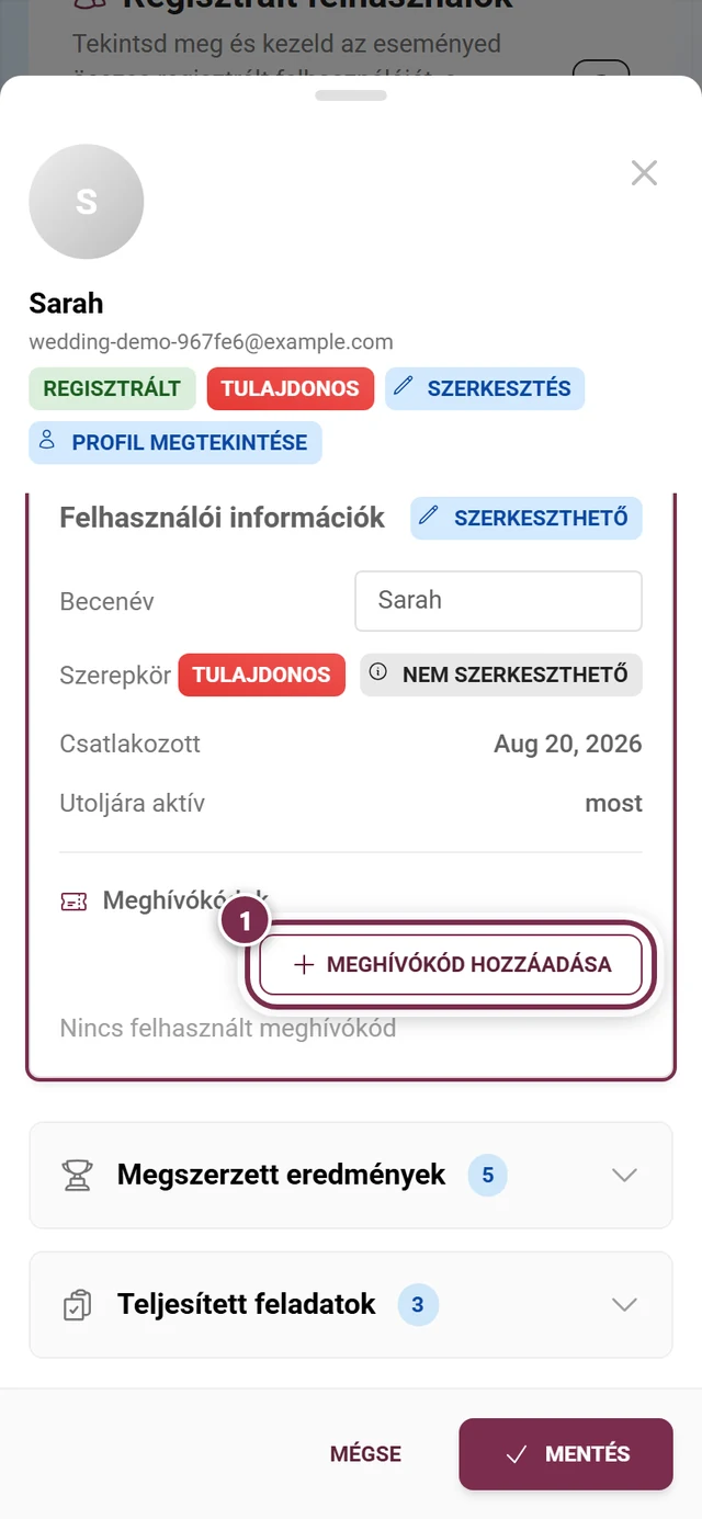 Meghívókódok szakasz a résztvevő párbeszédablakában, kiemelt hozzáadás gombbal