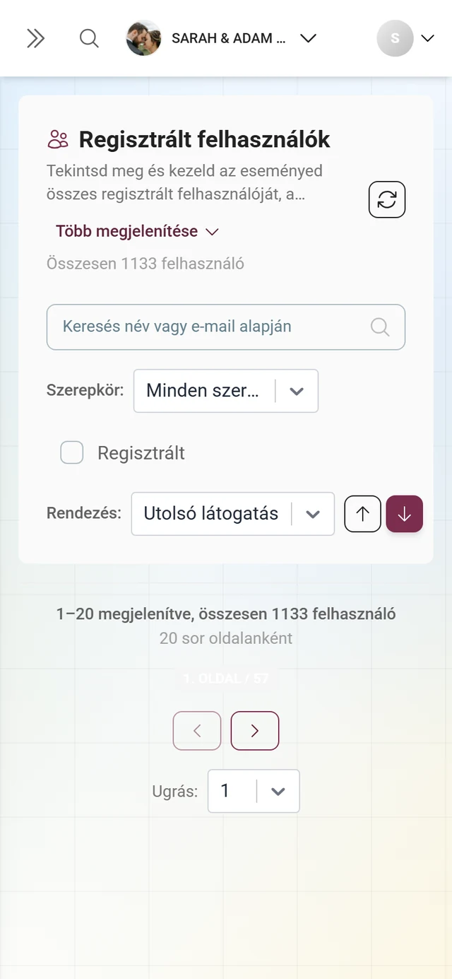 Résztvevők listája táblázatnézetben, oszlopokkal a felhasználó, szerepkör, aktivitás és további adatok számára
