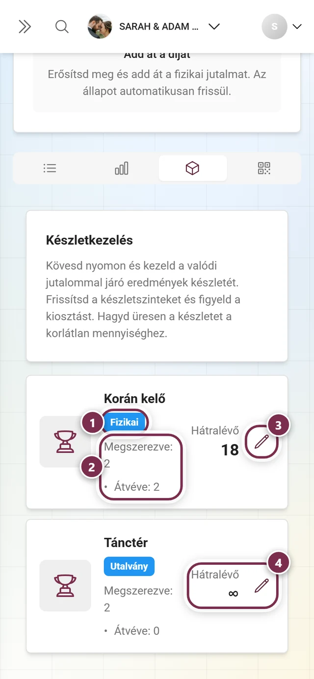 A Készlet fül a kiemelt típusjelvénnyel, számlálókkal, ceruza ikonnal és korlátlan készlettel