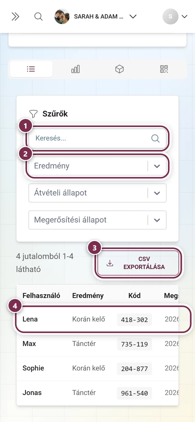 A szervező jutalomlistája nyertesekkel és állapottal