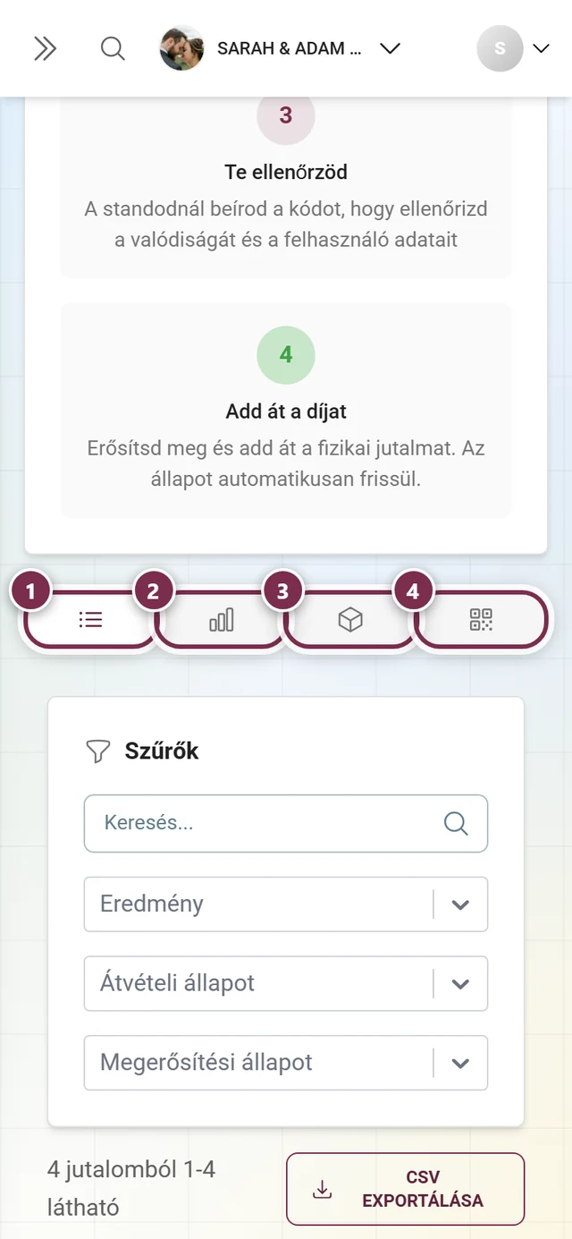 A Valódi jutalmak oldal négy füle egyenként kiemelve