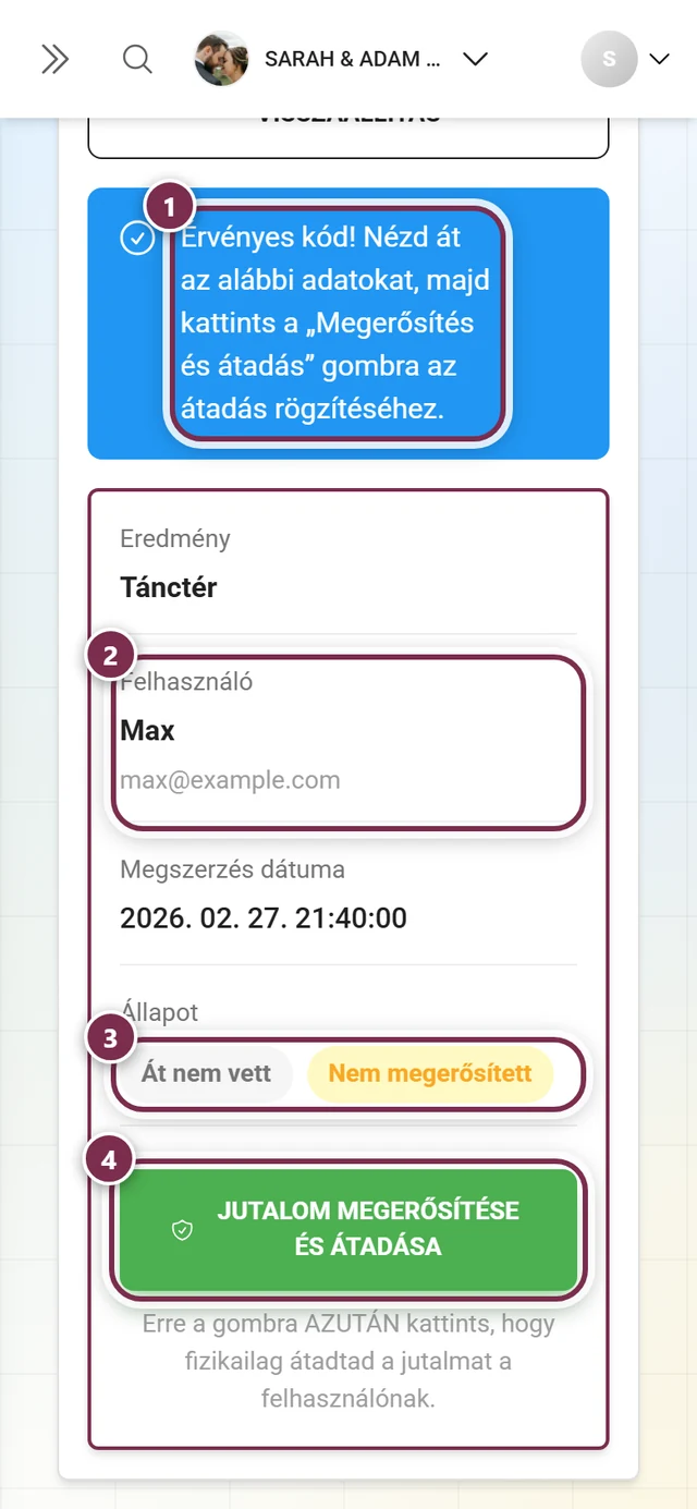 A Kód ellenőrzése fül sikeres ellenőrzés után az üzenettel, a részletkártyával, az állapotjelvényekkel és a zöld gombbal