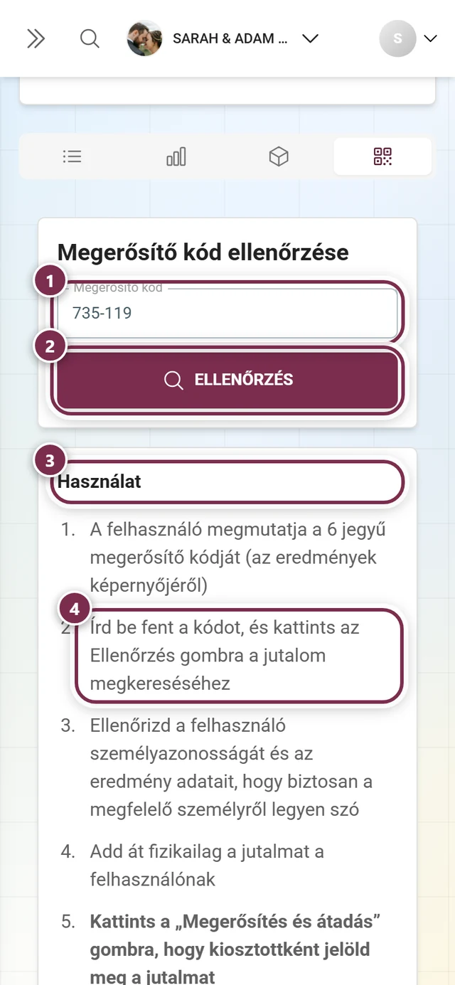 Kód ellenőrzése fül a szervező oldalán, ellenőrzött kóddal és részletkártyával