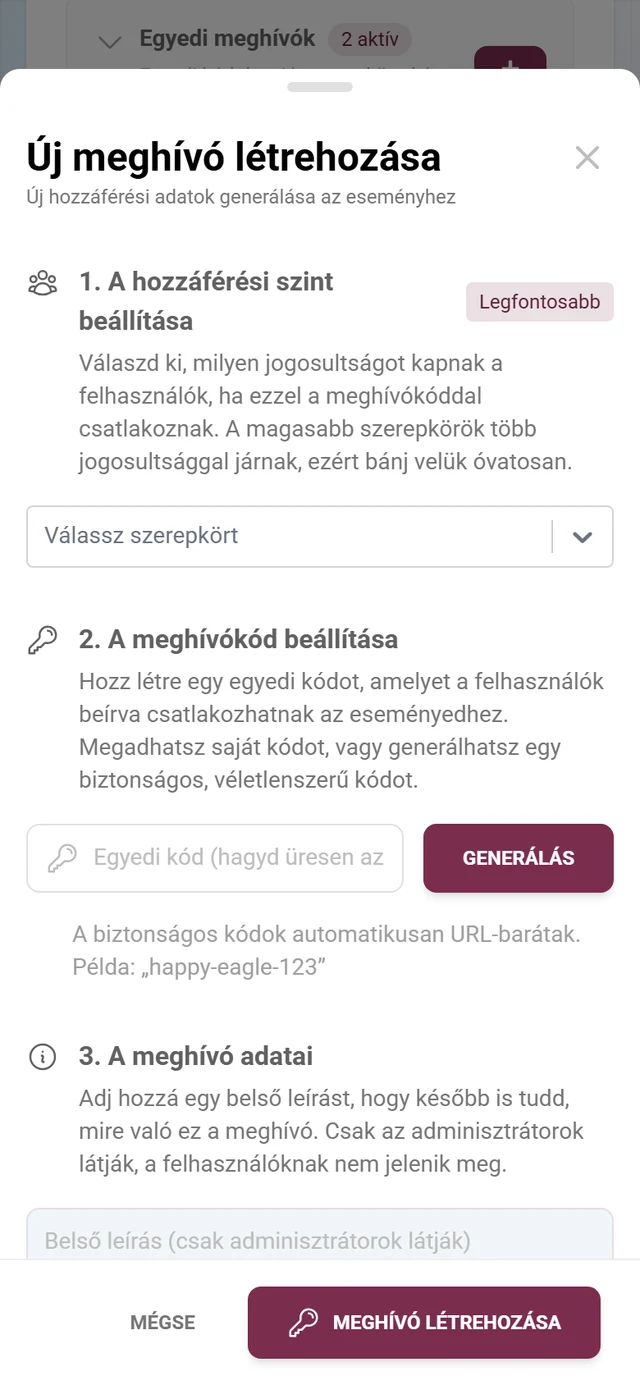 Meghívó létrehozására szolgáló párbeszédablak szerepkörválasztással és meghívókóddal