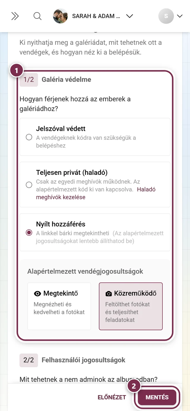 Galéria védelme szakasz a Hozzáférés fülön, jelöléssel és mentősávval