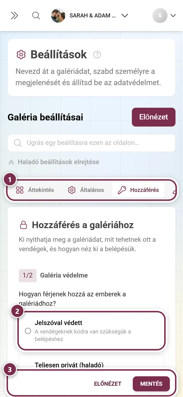 A galéria-beállítások Hozzáférés füle a galéria védelmével, a felhasználói jogosultságokkal és a meghívókódokkal