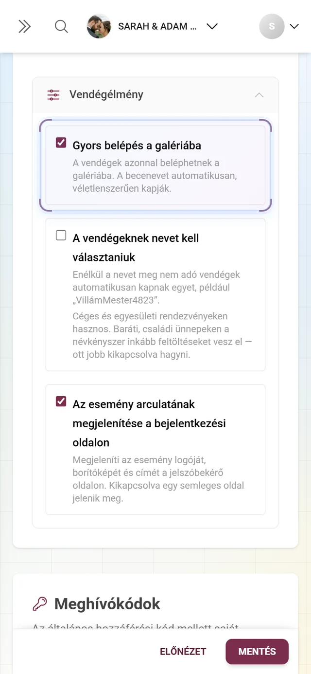 Kinyitott Vendégélmény rész a Gyors belépés a galériába, A vendégeknek nevet kell választaniuk és Az esemény arculatának megjelenítése a bejelentkezési oldalon jelölőnégyzetekkel