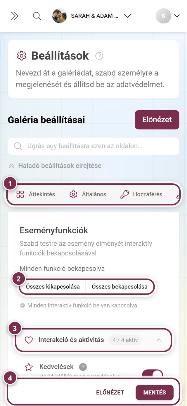 A Galéria funkciói fül harmonika-szekciókkal és kapcsolókkal a kedvelésekhez, hozzászólásokhoz, letöltésekhez és másokhoz
