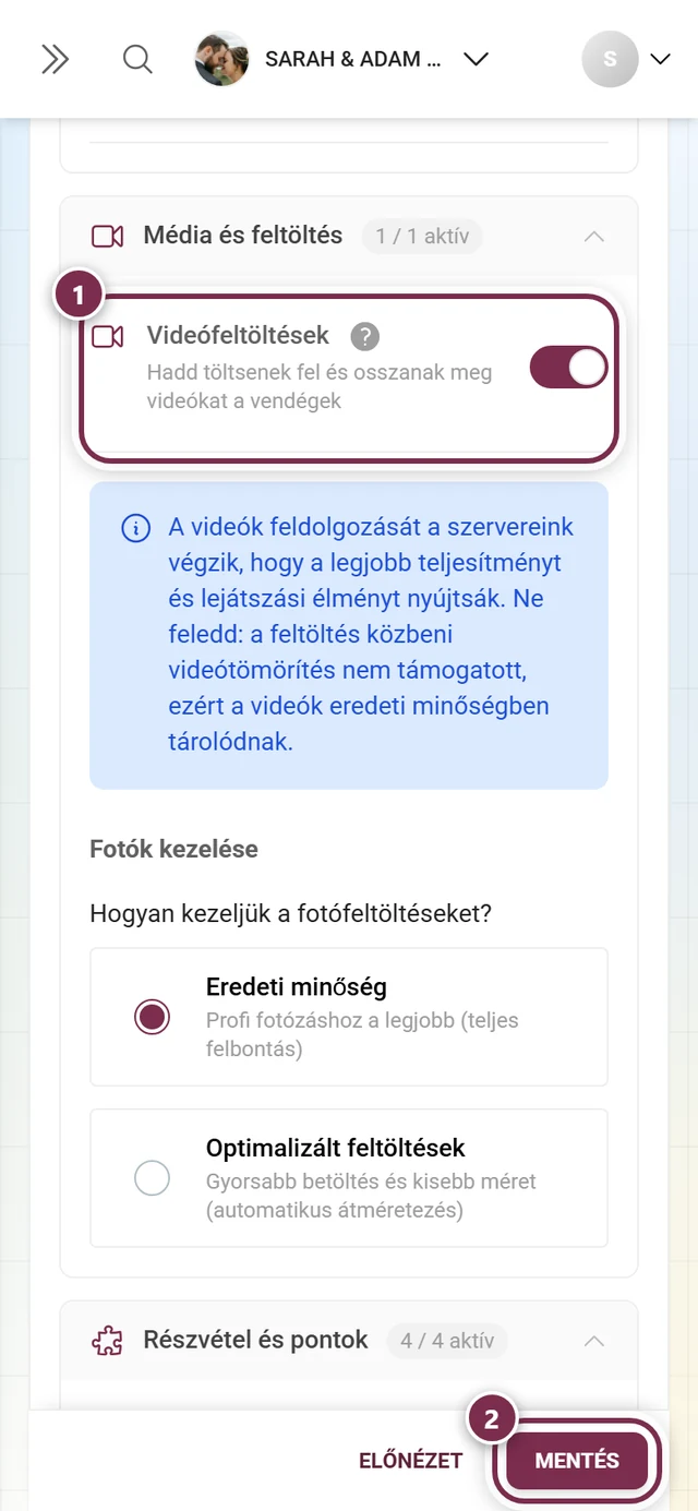 A Videófeltöltések funkciókártyája a kiemelt kapcsolóval és mentősávval