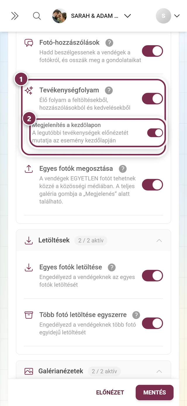 A Tevékenységfolyam kártya a kapcsolójával és a Megjelenítés a kezdőlapon alkapcsolóval