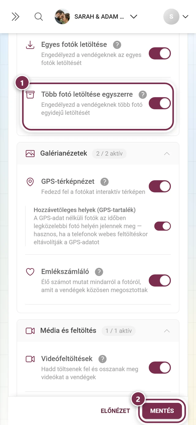 A csoportos letöltés funkciókártyája a kiemelt kapcsolóval és mentősávval