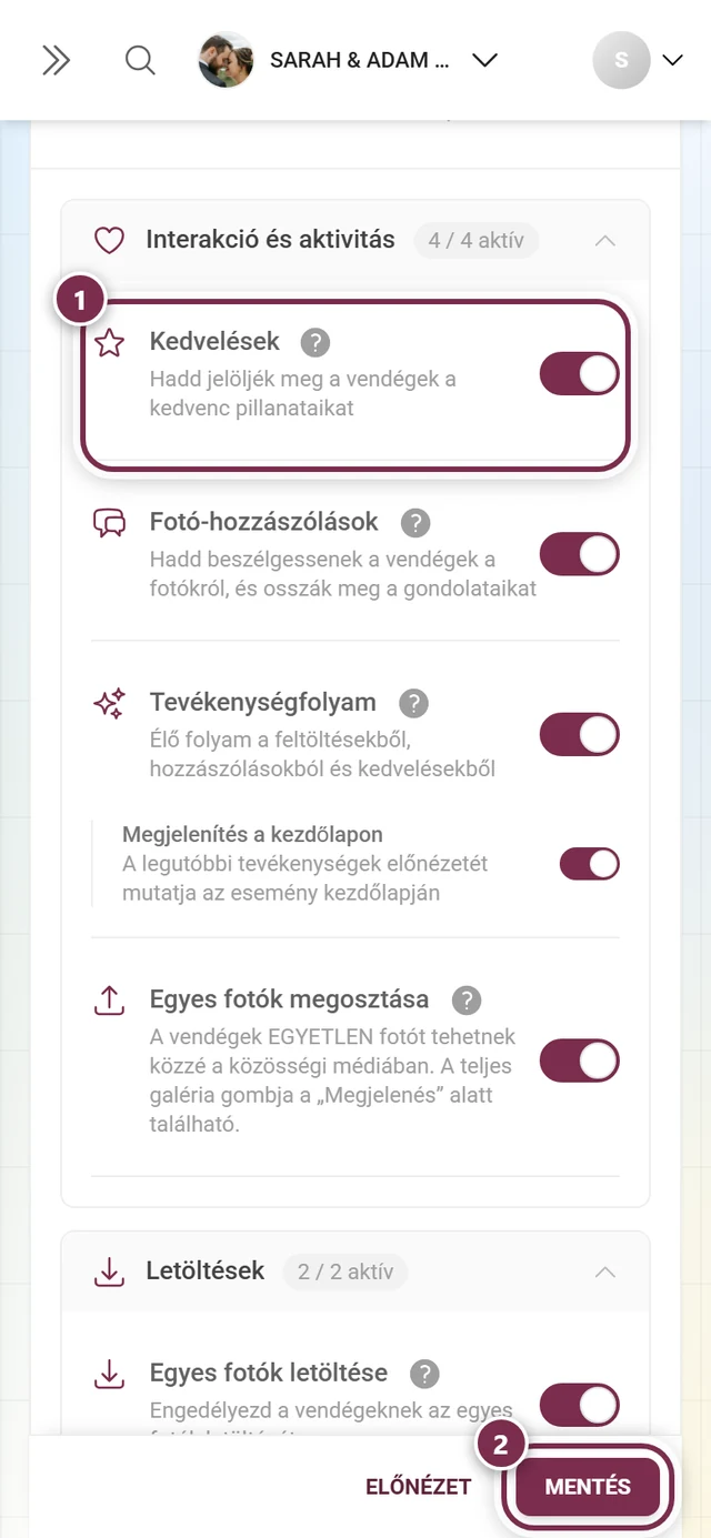 A Kedvelések funkciókártya a kiemelt kapcsolóval és a kiemelt mentősávval