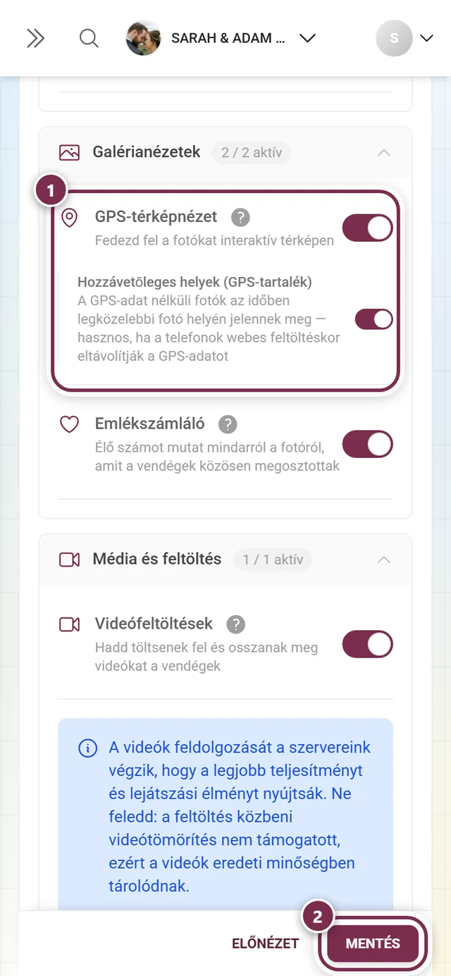 A GPS-térképnézet funkciókártyája a kiemelt kapcsolóval és mentősávval
