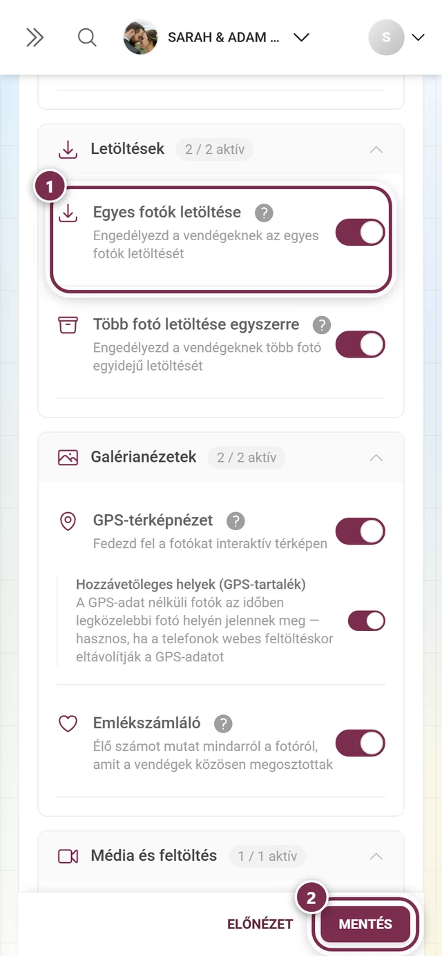 Beállítások: Funkciók az Egyes fotók letöltése kapcsoló kiemelésével