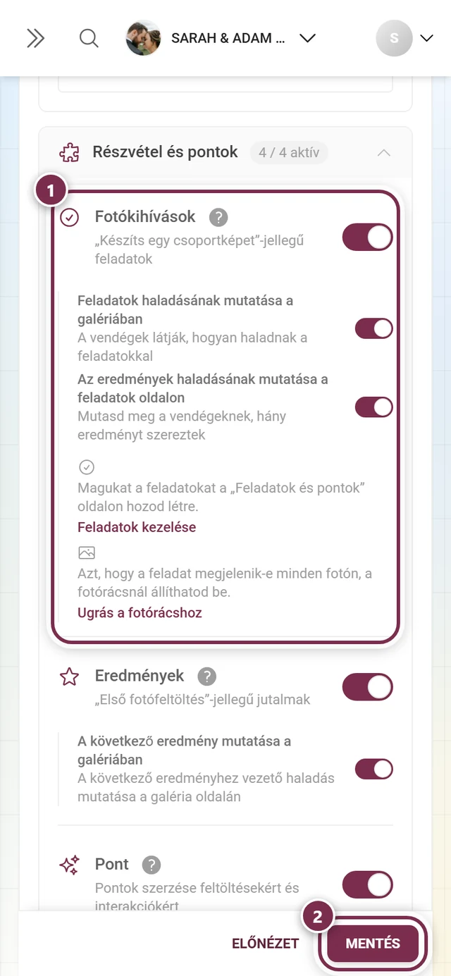 A Fotókihívások funkciókártyája a kiemelt kapcsolóval és mentősávval