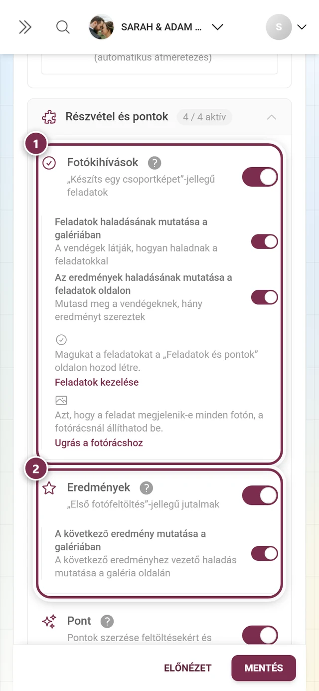 A Részvétel és pontok szekció fotókihívásokkal, eredményekkel, pontokkal és ranglistával