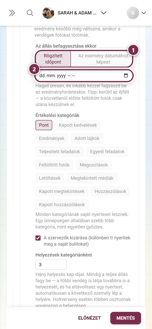 A Rögzített időpont és az Az esemény dátumához képest üzemmódok, alattuk a dátummezővel