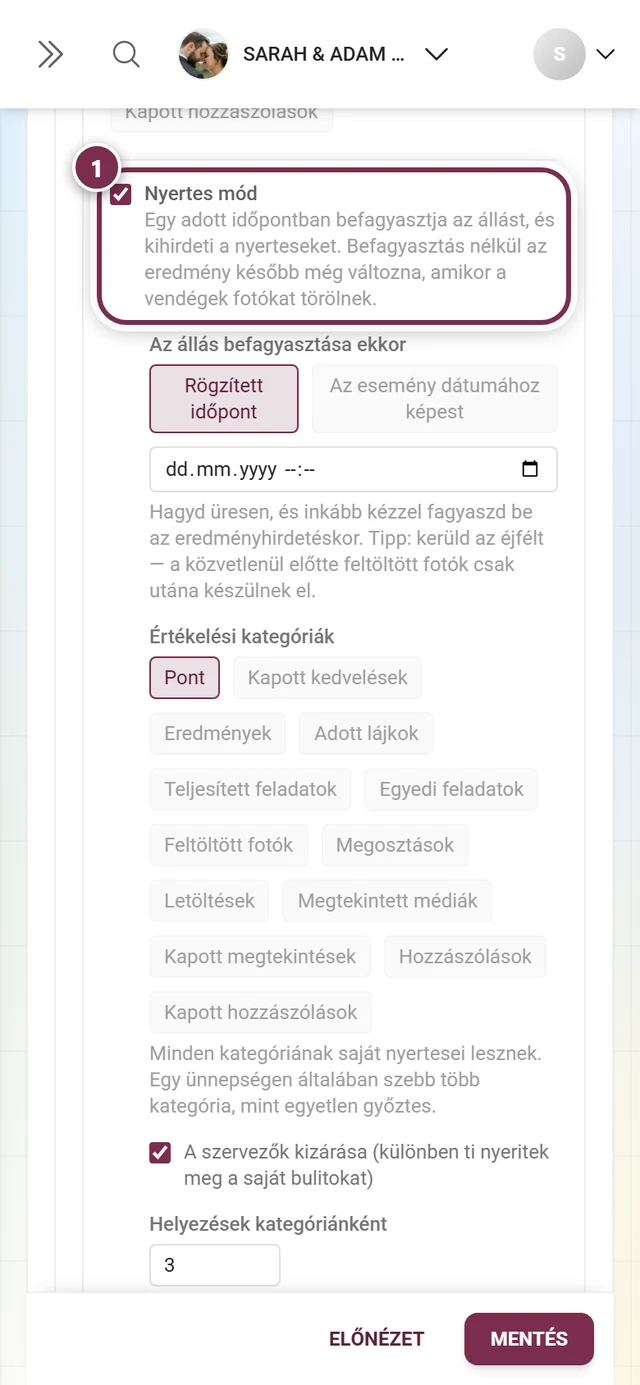 A Nyertes mód jelölőnégyzet a Ranglista kártyán, alatta a magyarázó szöveg