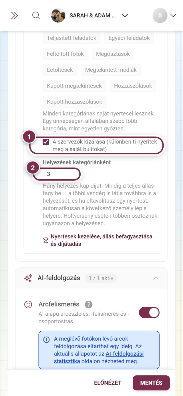 A Szervezők kizárása jelölőnégyzet, alatta a Helyek kategóriánként számmező 3 értékkel