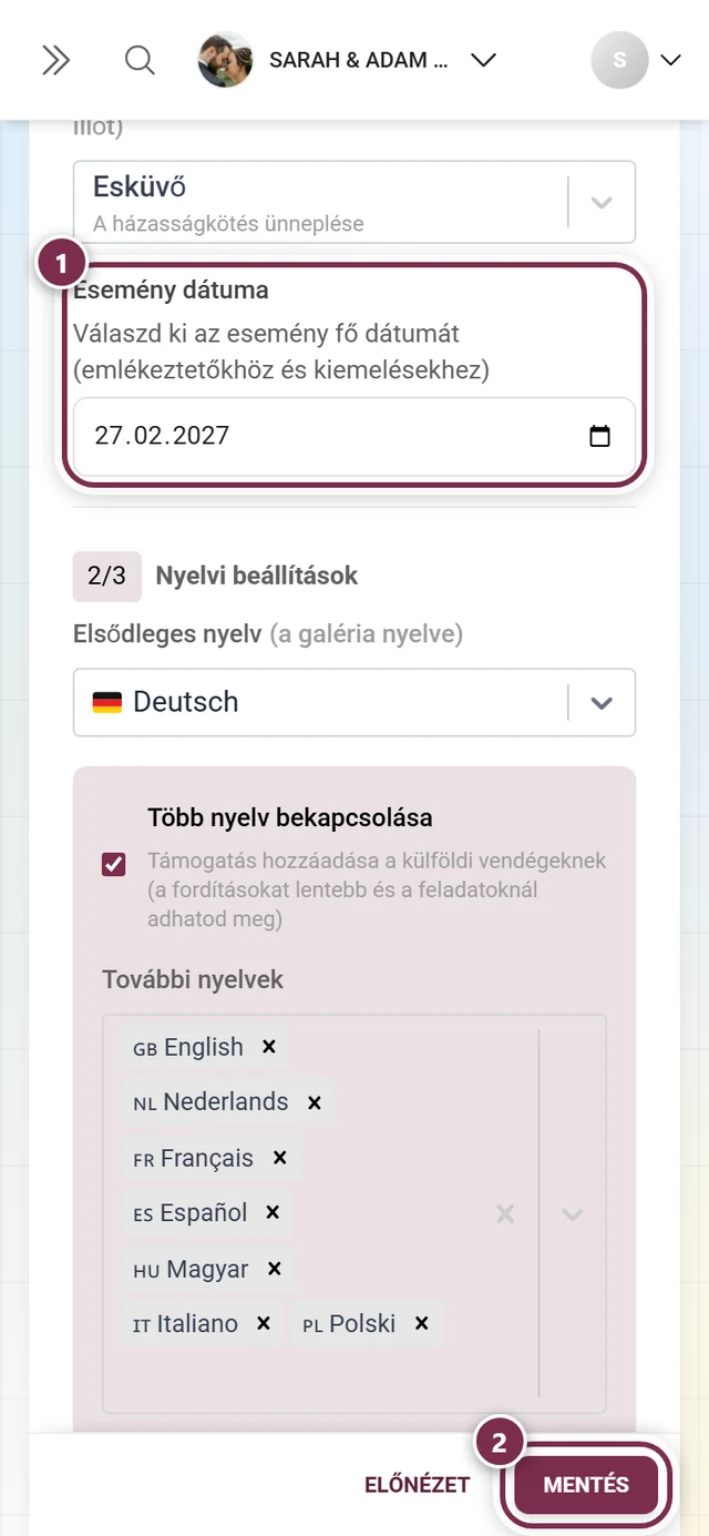 Esemény dátuma mező az általános beállításokban, kiemeléssel és mentősávval