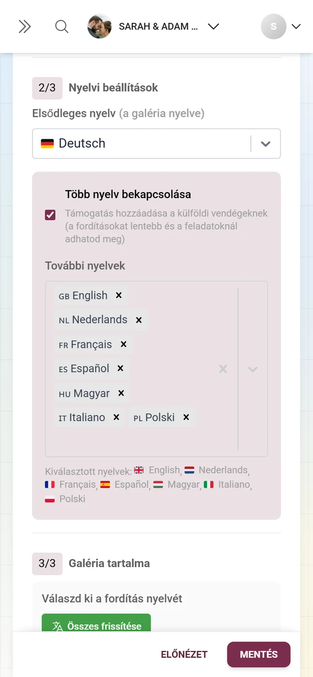 2/3. szakasz, Nyelvi beállítások, az elsődleges nyelvvel és az angol mint kiegészítő nyelvvel