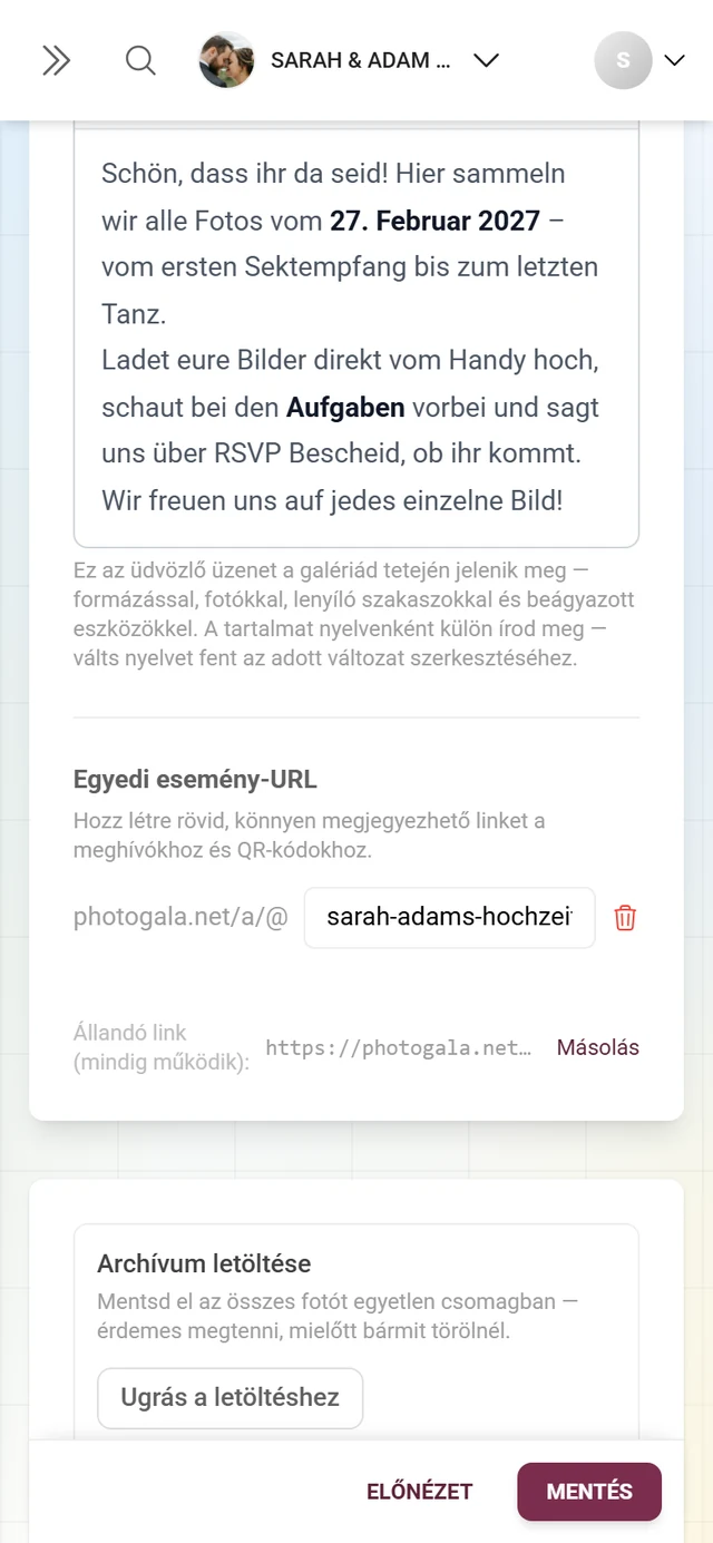 Egyedi esemény-URL a beviteli mezővel és az alatta lévő állandó linkkel