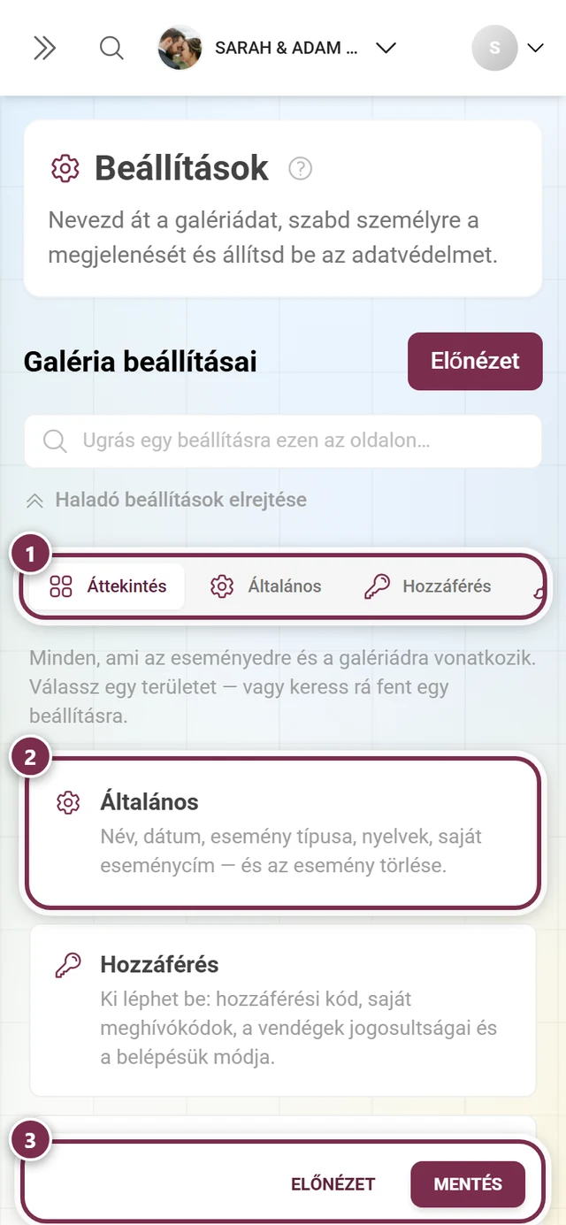 A galéria beállításainak áttekintő csempéi
