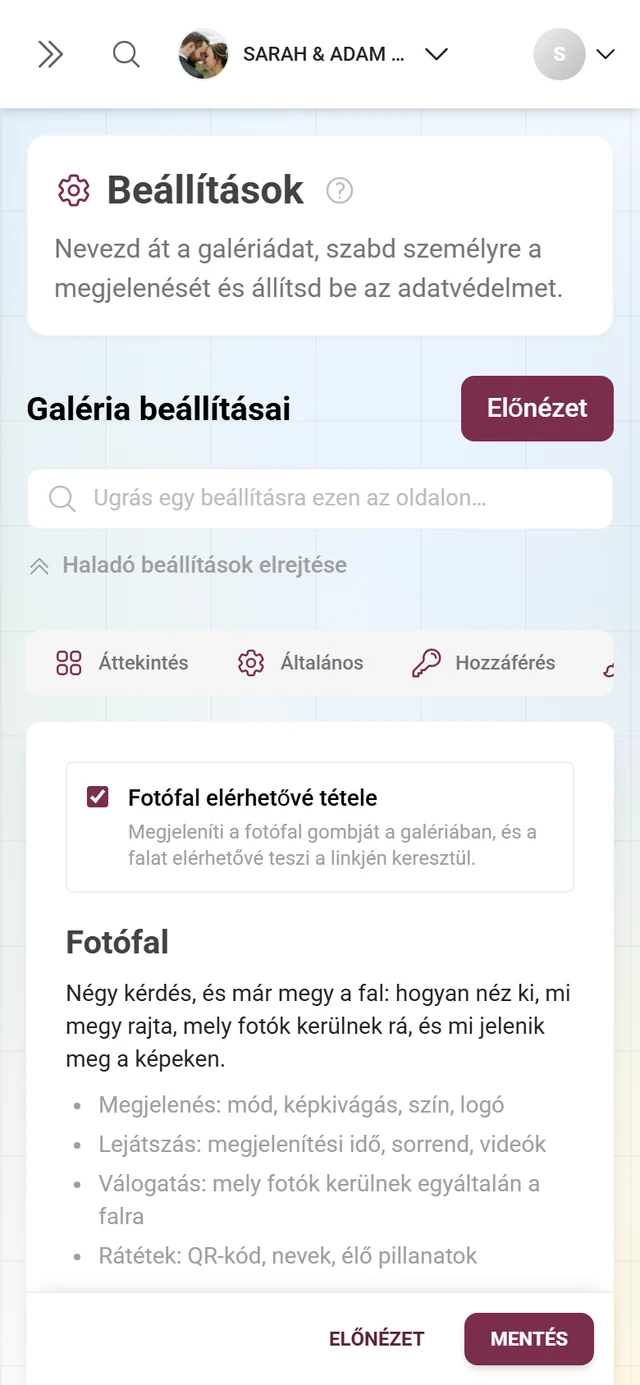Fotófal beállításai fül a Fotófal elérhetővé tétele kapcsolóval és a Megjelenés, Lejátszás, Kijelölés és Rávetített elemek négy területével