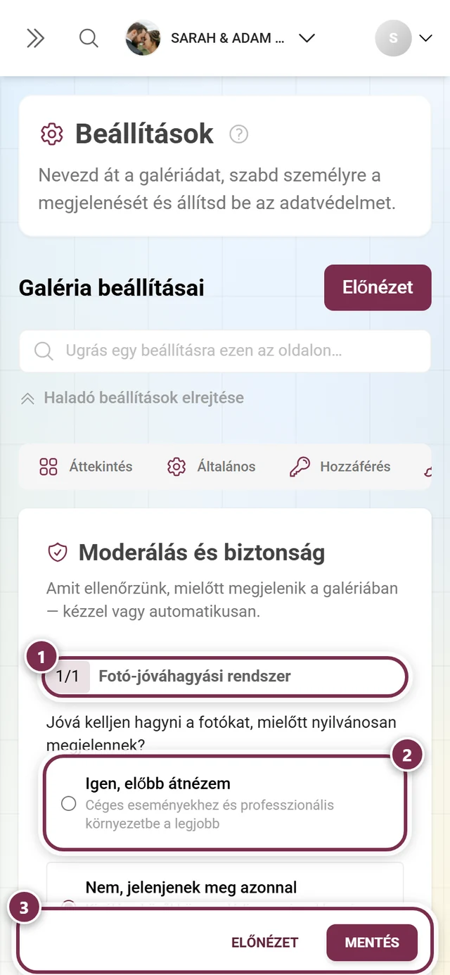 Moderálás és biztonság lap az admin területen