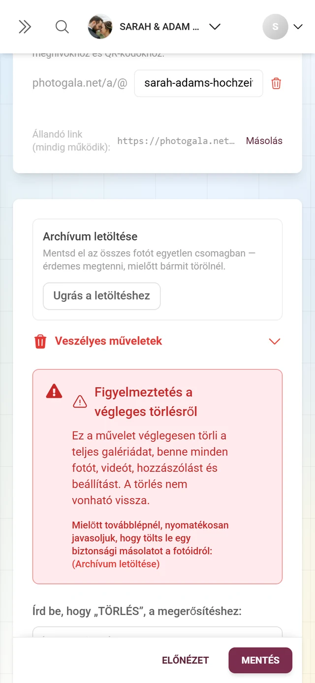 A Veszélyes műveletek blokk az Általános fül végén, a megerősítő mezővel