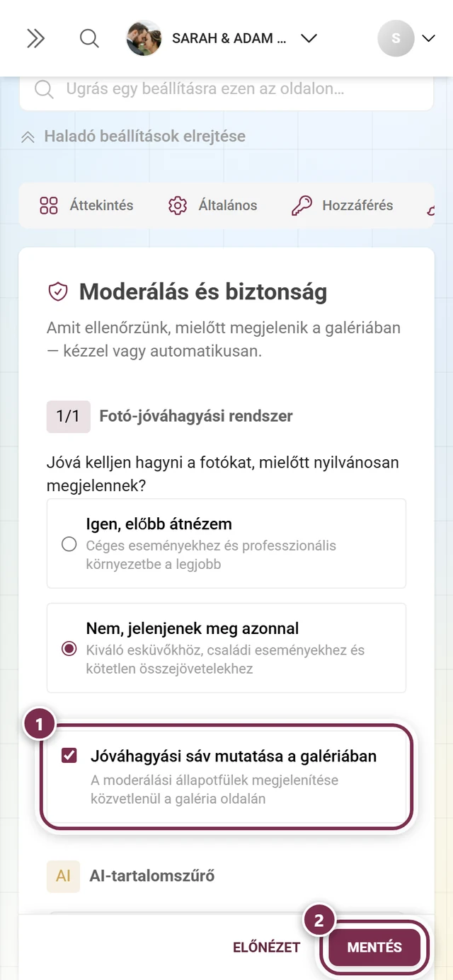 Jóváhagyási sáv mutatása a galériában kártya kiemelt kapcsolóval és mentősávval