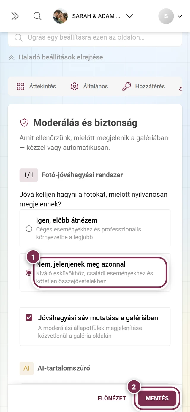 Beállítások, Moderálás és biztonság fül, a fotójóváhagyás kérdésével és a mentéssávval