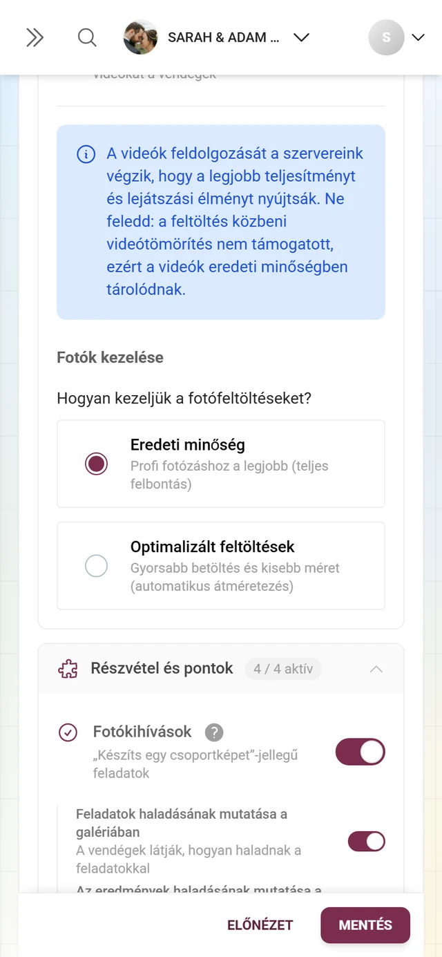 Lenyitható Média és feltöltés szakasz a videófeltöltés kapcsolójával