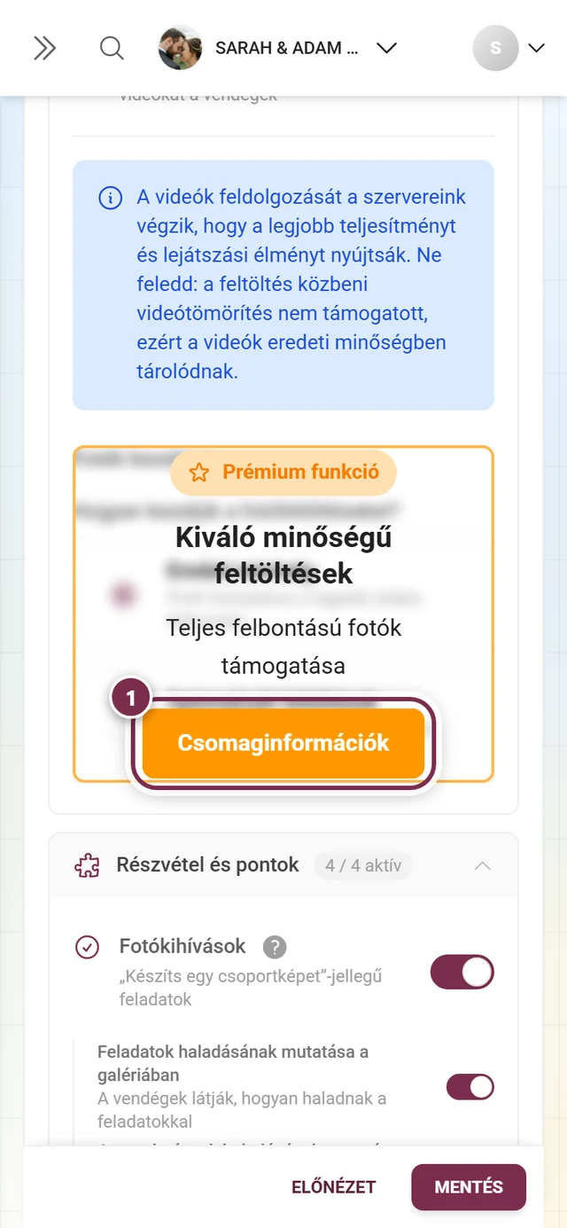 Fotók kezelése blokk egy narancssárga frissítési felhívással letakarva, a gomb kiemelve