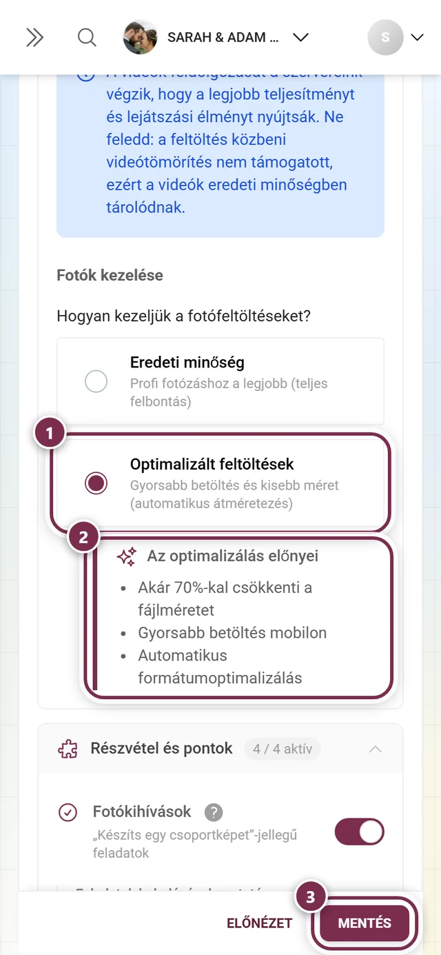 Kiválasztott Optimalizált feltöltések, alatta a megjelenő Az optimalizálás előnyei doboz, lent a mentéssáv