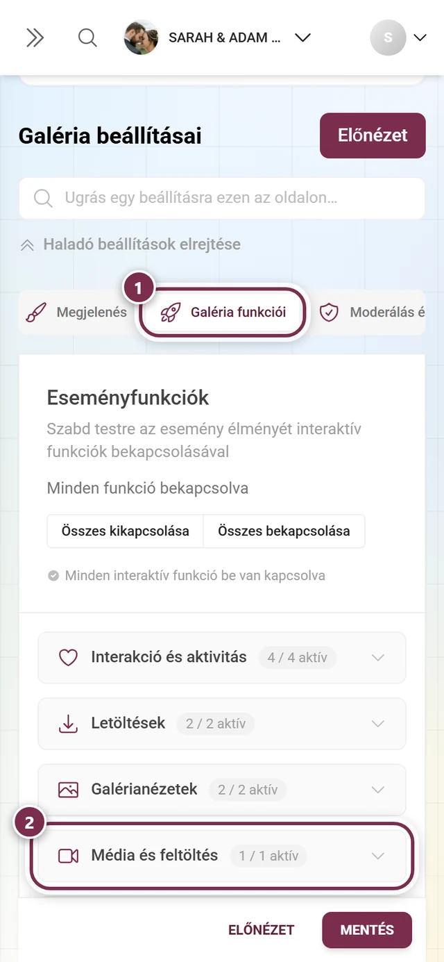 Kiemelt Galéria funkciói fül, alatta a kiemelt Média és feltöltés lenyitható rész