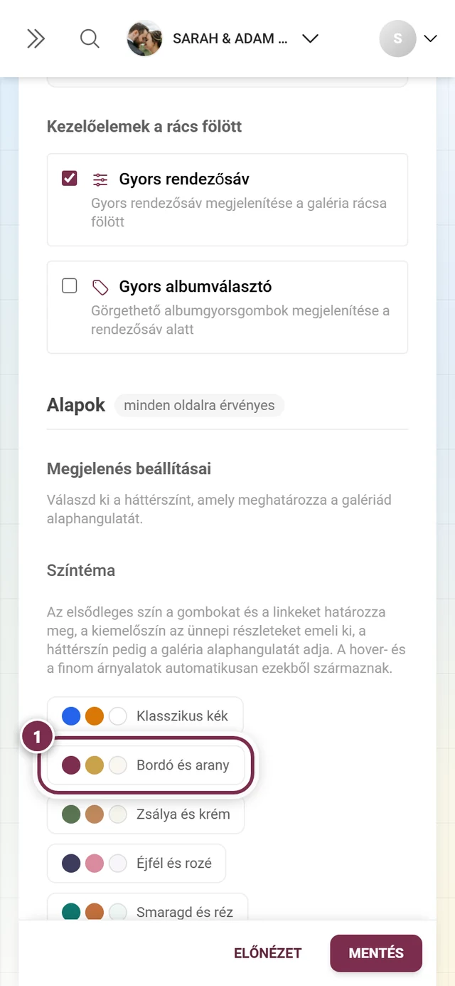 Színpaletták a megjelenés blokkban a kiemelt Bordó és arany palettával
