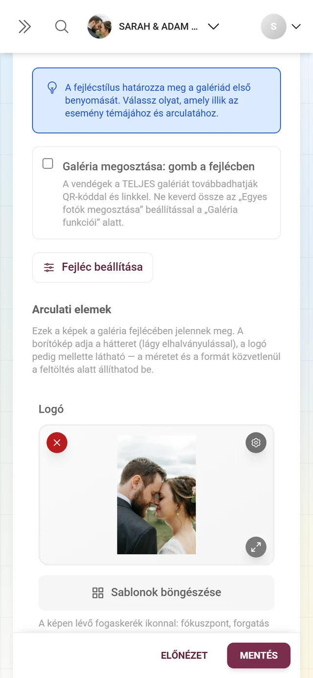 Galéria megosztása jelölőnégyzet, Fejléc beállítása gomb és az üres Logó és Borítókép feltöltési mezők