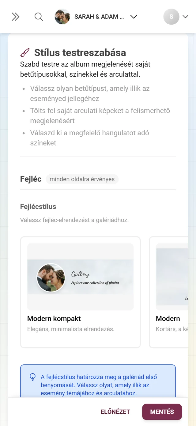 Fejléc stílusa blokk a Modern kompakt, Modern, Polaroid és Minimalista előnézeti kártyákkal