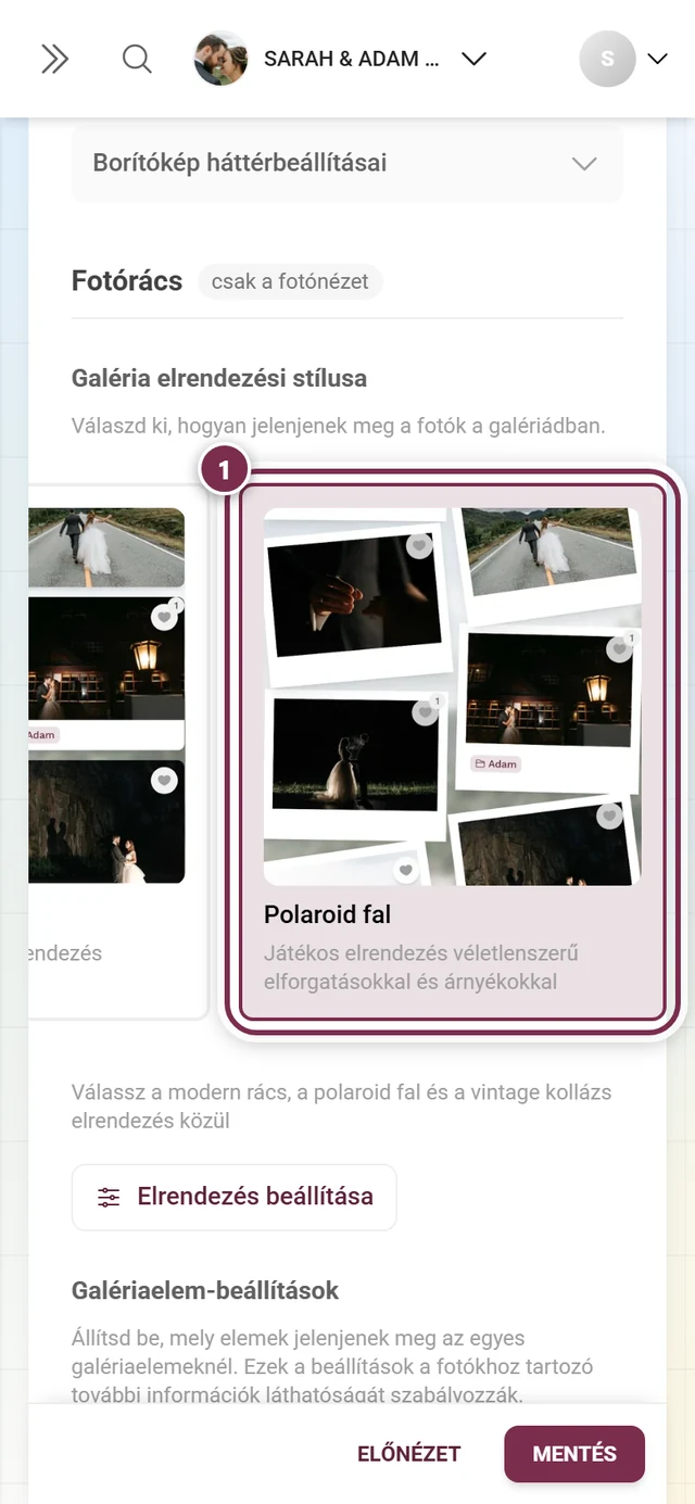 Galéria elrendezés-választó a kiemelt aktív csempével