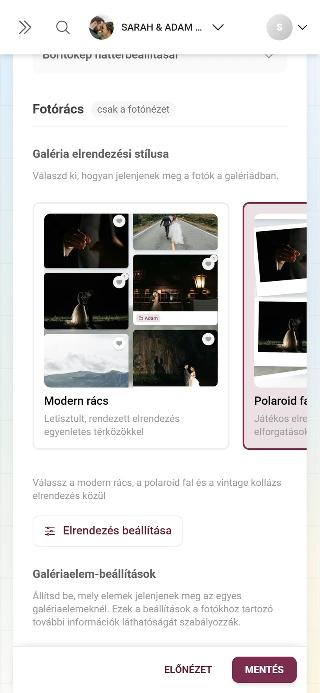 Galéria elrendezési stílusa blokk a Modern rács, Polaroid fal, Vintage kollázs és Idővonal előnézeti kártyákkal