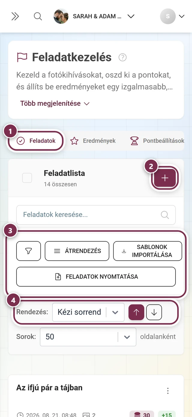 Feladatkezelés a kiemelt fülsorral, létrehozógombbal, eszköztárral és rendezéssel