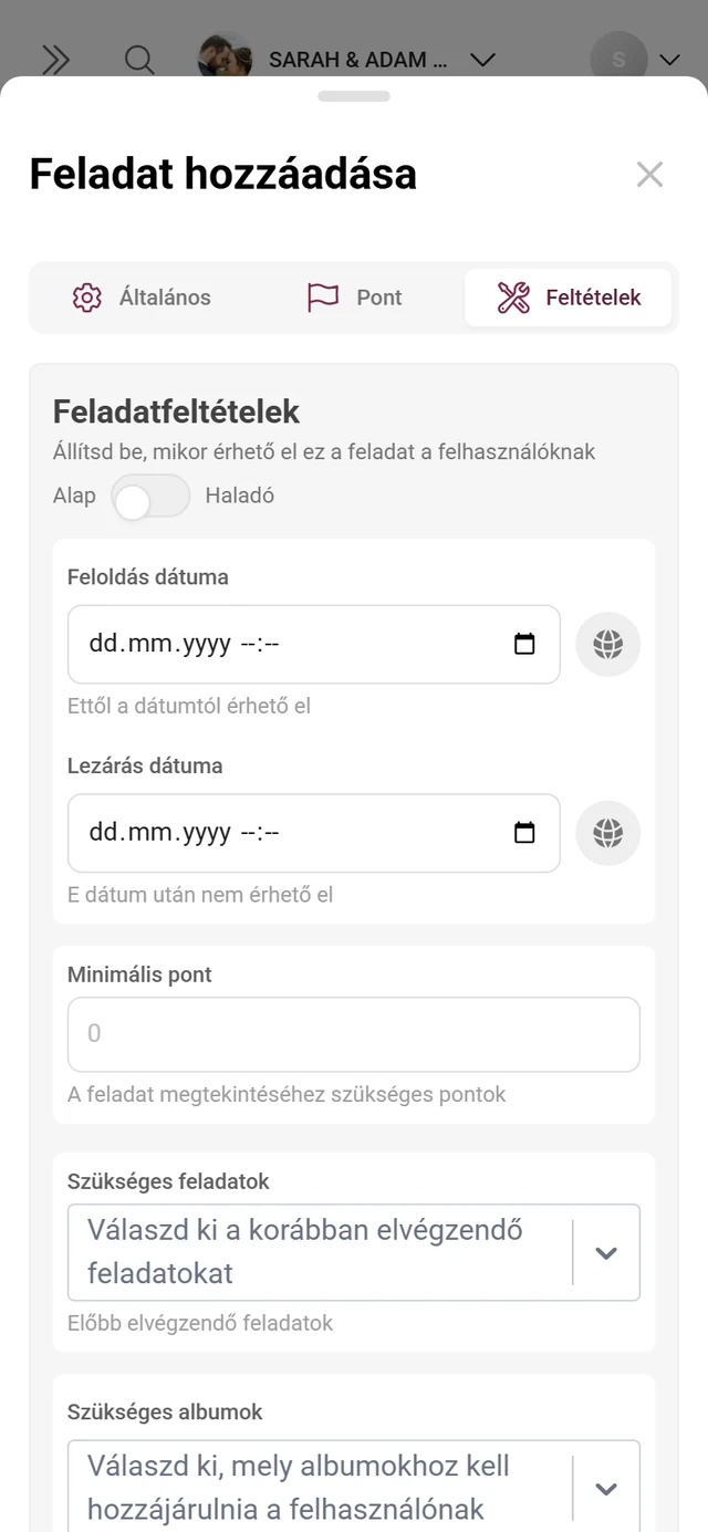 Feltételek fül a feladatszerkesztőben az Alap és Haladó kapcsolóval