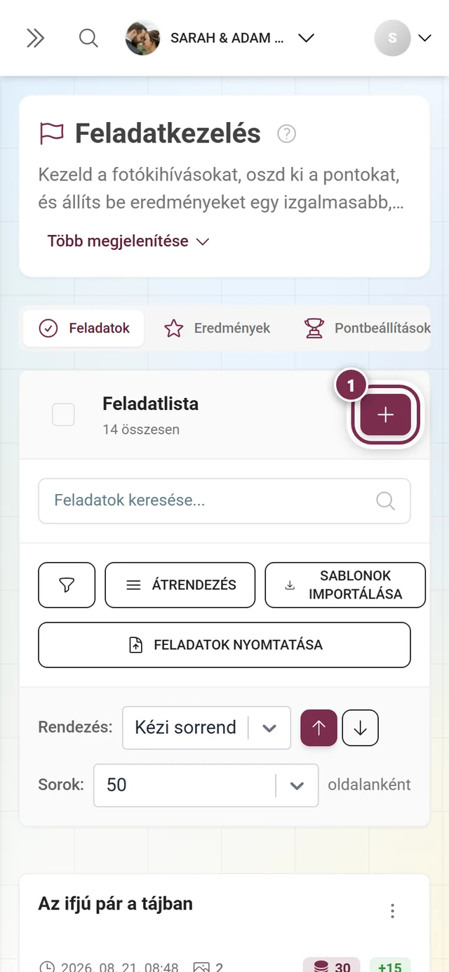 Feladatkezelés a Feladat létrehozása gombbal pirossal kiemelve, jobbra fent az eszköztár felett